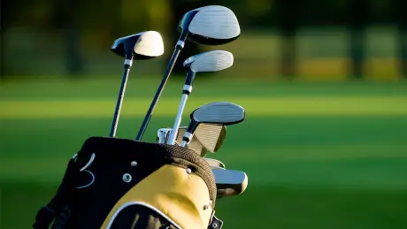 Golf clubs in a bag ready for the game on a sunny day.