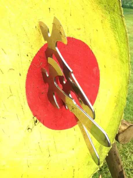 Three throwing knives stuck in a red and yellow target.